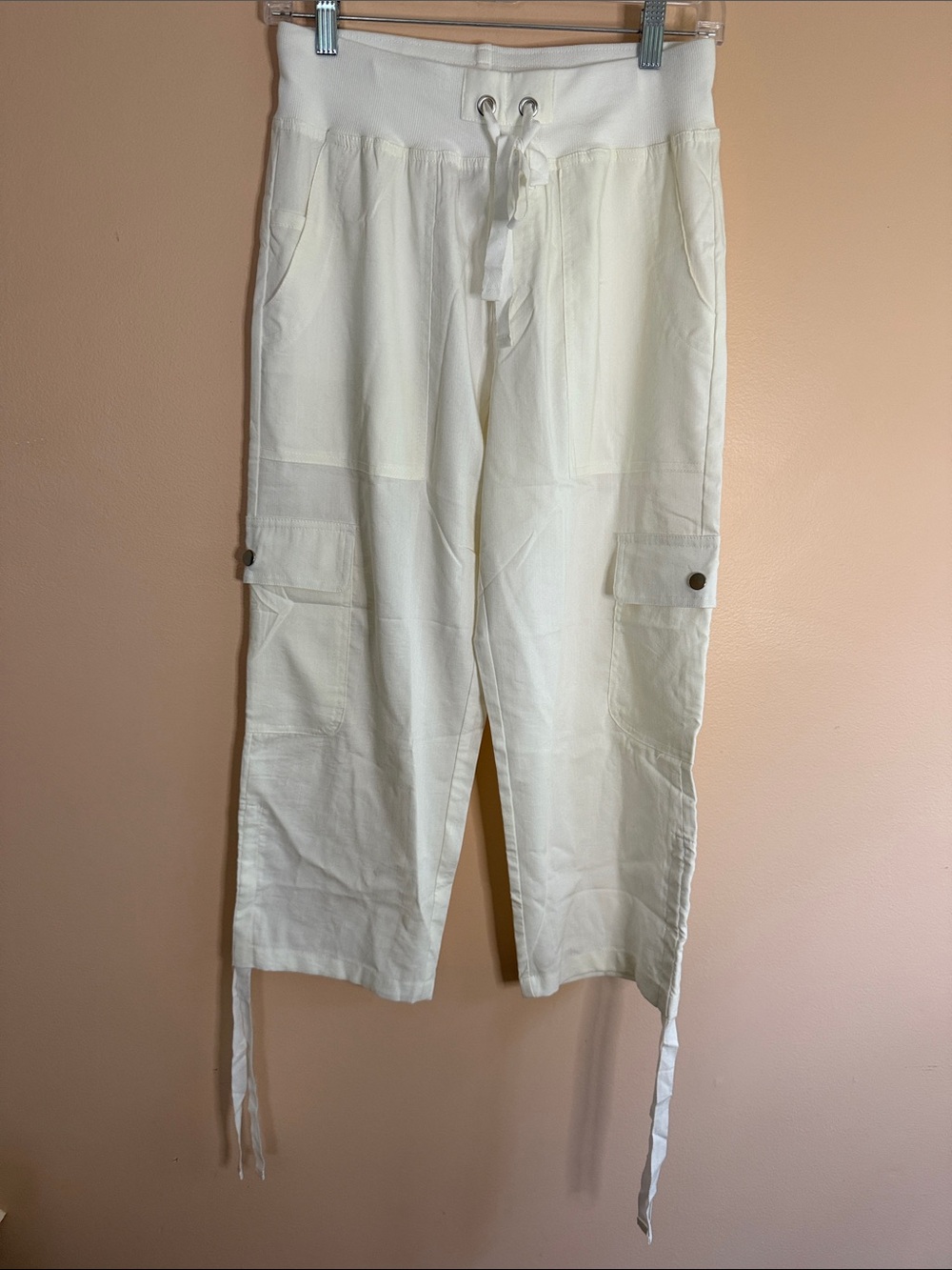 Calvin Klein Women's Cream Cargo Capris with Drawstring Waist